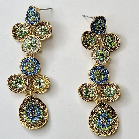 Blue And Green Crystal Long Earrings - Picture 5 of 11